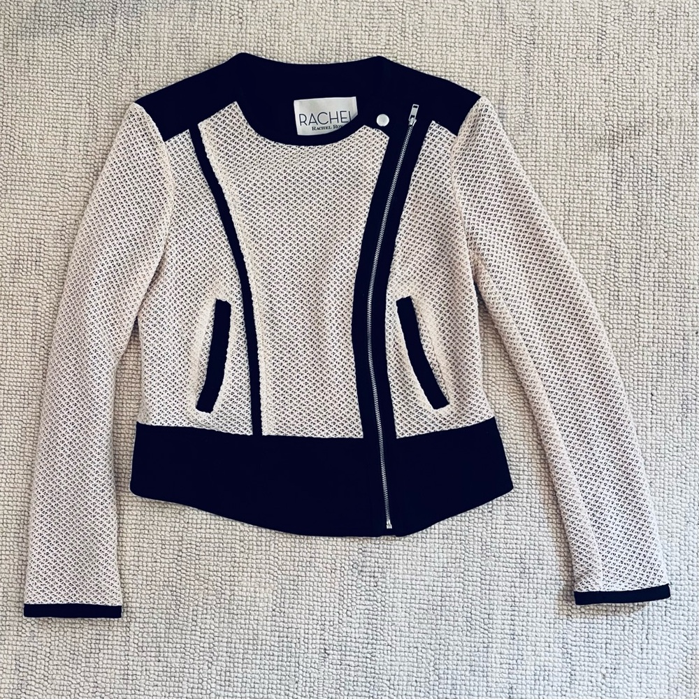 RACHEL Rachel Roy Textured Cream and Black Moto Blazer Sweater